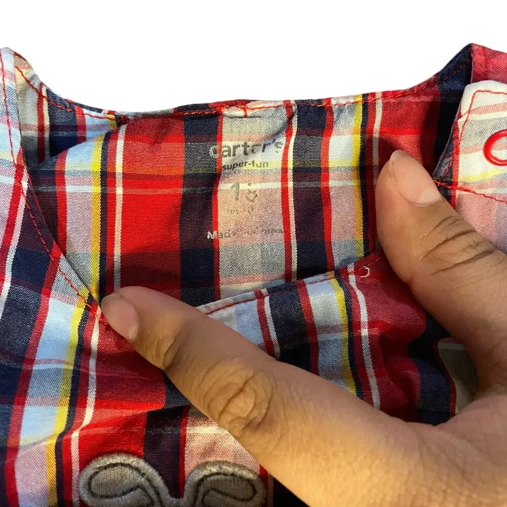 Carter's red blue plaid bulldog sleeveless‎ shorts boys romper SIZE 18M